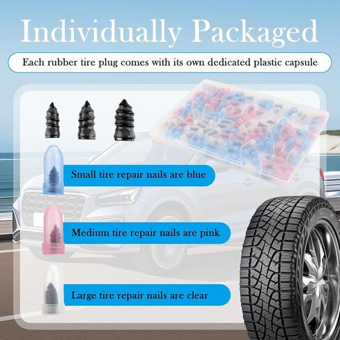 OFBAND 100PCS Tire Repair Rubber Nail Kit with 3 Sizes,Professional Vacuum Tire Plug Kit for Quick Repairs,Self-Service & Self Sealing Screw in Tires Plugs with Screwdriver & Box in Saudi Arabia