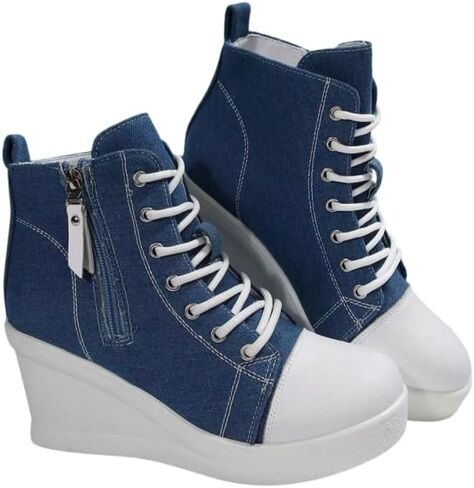 Women's Thick-Soled Wedge-Heeled High-top Canvas with Side Zipper Spring and Autumn Casual Fashion Sports Walking Shoes in Saudi Arabia