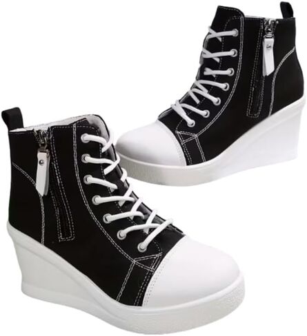 Women's Thick-Soled Wedge-Heeled High-top Canvas with Side Zipper Spring and Autumn Casual Fashion Sports Walking Shoes in Saudi Arabia
