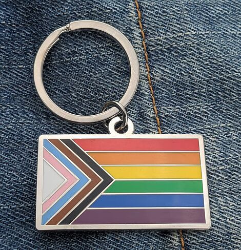 علم Pun Progress Pride Flag LGBTQ POC Transgender Flag - سلسلة مفاتيح من المينا مقاس 1.75 بوصة مع حلقة مفاتيح بألوان قوس قزح in Kuwait