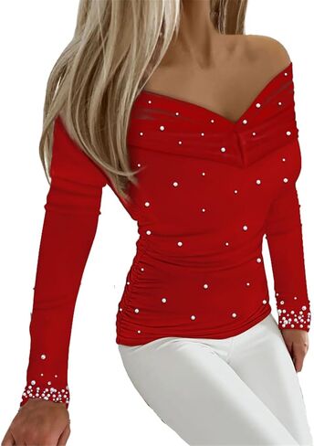 JOFOW Women's V Neck Shirts Sparkly Sequin Long Sleeve Shirts Dressy Formal Blouses Elegant Blouses in Saudi Arabia