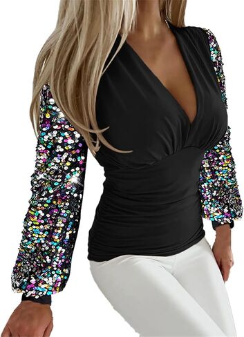 JOFOW Women's V Neck Shirts Sparkly Sequin Long Sleeve Shirts Dressy Formal Blouses Elegant Blouses in Saudi Arabia