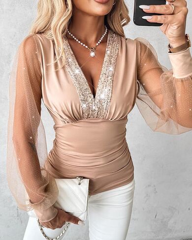 Womens V Neck Sequin Mesh Sheer Lantern Sleeve Shirt Top Slim Fit Elegant Trendy Casual Blouse for Office Party Street Daily in Saudi Arabia