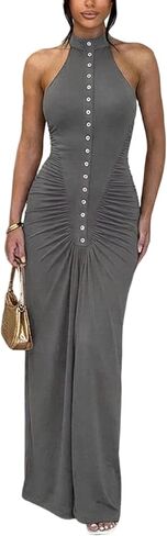 Ekaliy Women's Sexy Halter Maxi Dress Sleeveless Bodycon Ruched Long Dresses Summer Party Cocktail Club Dress in Kuwait