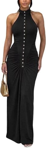 Ekaliy Women's Sexy Halter Maxi Dress Sleeveless Bodycon Ruched Long Dresses Summer Party Cocktail Club Dress in Saudi Arabia