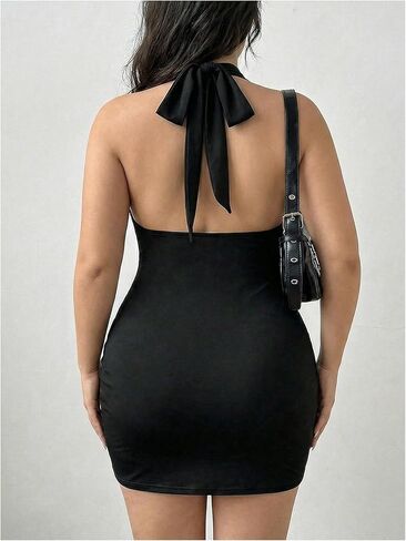 MakeMeChic Women's Plus Size Summer Halter Mini Dress Deep V Neck Backless Bodycon Ruched Y2K Short Dresses in Saudi Arabia