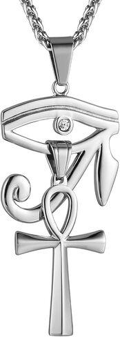 HZMAN Gold Stainless Steel Eye of Horus Egypt And Coptic Ankh Cross Religious Pendant Necklace 24" Figaro Chain in Saudi Arabia