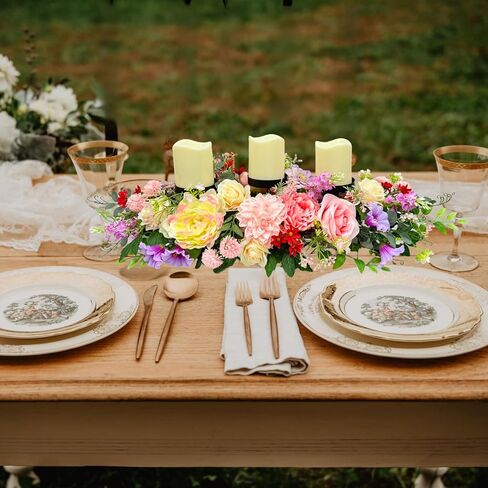 Candle Holder Centerpiece for Table Artificial Peonies Flowers,Rose Flowers and Morning Glory for Wedding Party Table Centerpieces Mixed Flowers Floral Arrangement Home Kitchen Decor in Kuwait