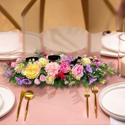 Candle Holder Centerpiece for Table Artificial Peonies Flowers,Rose Flowers and Morning Glory for Wedding Party Table Centerpieces Mixed Flowers Floral Arrangement Home Kitchen Decor in Kuwait