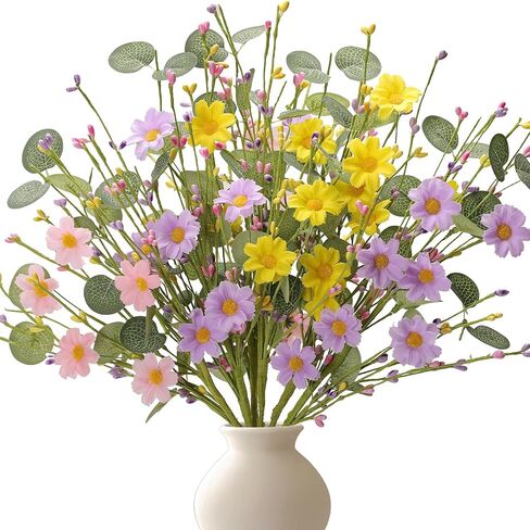 Artificial Spring Flowers with Green Eucalyptus Leaves 6 Pack Spring Floral Picks 17 Inch Eucalyptus Stems with Pink Purple Yellow Daisies for Springtime Summer Easter Decor in Kuwait
