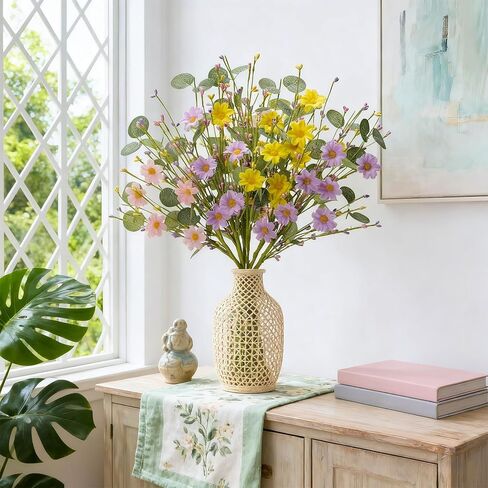 Artificial Spring Flowers with Green Eucalyptus Leaves 6 Pack Spring Floral Picks 17 Inch Eucalyptus Stems with Pink Purple Yellow Daisies for Springtime Summer Easter Decor in Kuwait