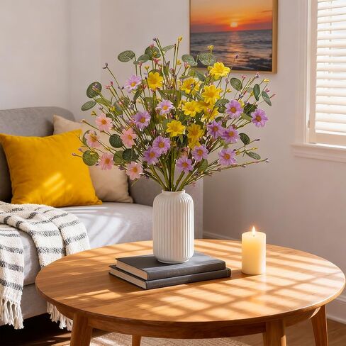 Artificial Spring Flowers with Green Eucalyptus Leaves 6 Pack Spring Floral Picks 17 Inch Eucalyptus Stems with Pink Purple Yellow Daisies for Springtime Summer Easter Decor in Kuwait