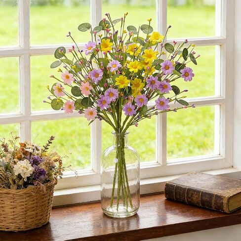 Artificial Spring Flowers with Green Eucalyptus Leaves 6 Pack Spring Floral Picks 17 Inch Eucalyptus Stems with Pink Purple Yellow Daisies for Springtime Summer Easter Decor in Kuwait