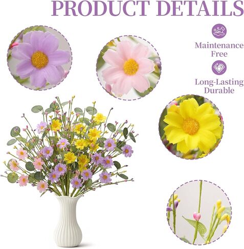 Artificial Spring Flowers with Green Eucalyptus Leaves 6 Pack Spring Floral Picks 17 Inch Eucalyptus Stems with Pink Purple Yellow Daisies for Springtime Summer Easter Decor in Kuwait