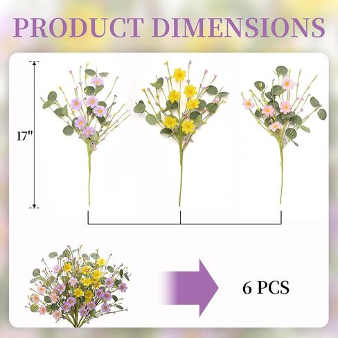 Artificial Spring Flowers with Green Eucalyptus Leaves 6 Pack Spring Floral Picks 17 Inch Eucalyptus Stems with Pink Purple Yellow Daisies for Springtime Summer Easter Decor in Kuwait