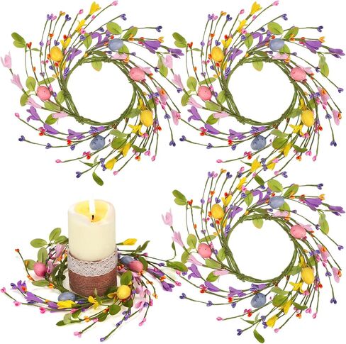 4 Pcs Easter Egg Candle Rings Table Centerpieces Spring Candle Wreath Decorations Artificial Berry Forsythia Flowers Cabinet Wreath for Home Kitchen Door Table Decor in Saudi Arabia