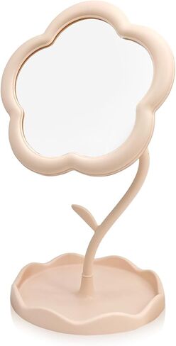 Flower Shaped Makeup Mirror for Desk, Adjustable Mirror with Tray, Vanity Mirror for Desk, Portable Small Mirror for Bathroom, Bedroom, Dorm and Office Decor in Saudi Arabia