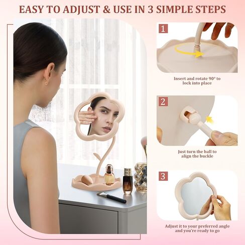 Flower Shaped Makeup Mirror for Desk, Adjustable Mirror with Tray, Vanity Mirror for Desk, Portable Small Mirror for Bathroom, Bedroom, Dorm and Office Decor in Saudi Arabia