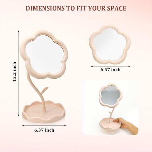 Flower Shaped Makeup Mirror for Desk, Adjustable Mirror with Tray, Vanity Mirror for Desk, Portable Small Mirror for Bathroom, Bedroom, Dorm and Office Decor in Saudi Arabia