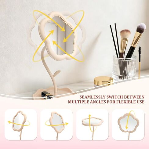 Flower Shaped Makeup Mirror for Desk, Adjustable Mirror with Tray, Vanity Mirror for Desk, Portable Small Mirror for Bathroom, Bedroom, Dorm and Office Decor in Saudi Arabia
