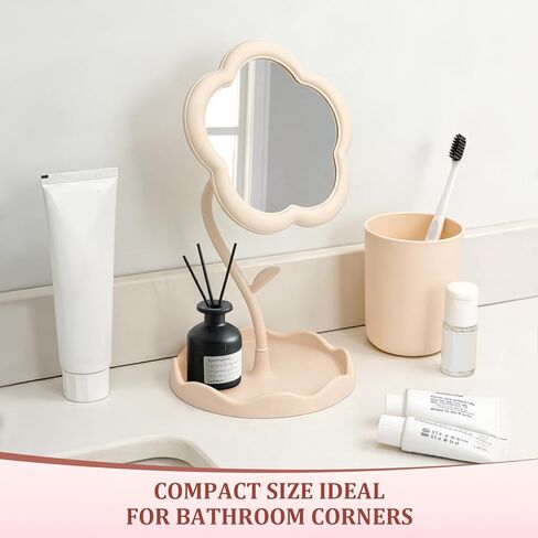 Flower Shaped Makeup Mirror for Desk, Adjustable Mirror with Tray, Vanity Mirror for Desk, Portable Small Mirror for Bathroom, Bedroom, Dorm and Office Decor in Saudi Arabia