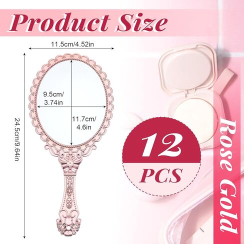 12 Pcs Vintage Handheld Mirror 9.6" L x 4.5" W Portable Pink Embossed Flower Mirrors Princess Mirror Party Favors Retro Hand Held Decorative Mirrors Bulk for Makeup, Travel, Party, Classroom in Saudi Arabia