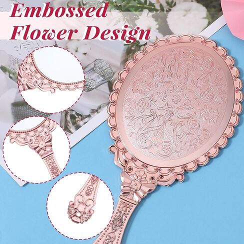 12 Pcs Vintage Handheld Mirror 9.6" L x 4.5" W Portable Pink Embossed Flower Mirrors Princess Mirror Party Favors Retro Hand Held Decorative Mirrors Bulk for Makeup, Travel, Party, Classroom in Saudi Arabia