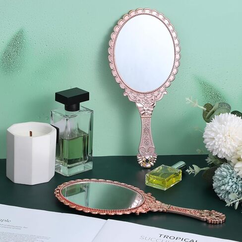 12 Pcs Vintage Handheld Mirror 9.6" L x 4.5" W Portable Pink Embossed Flower Mirrors Princess Mirror Party Favors Retro Hand Held Decorative Mirrors Bulk for Makeup, Travel, Party, Classroom in Saudi Arabia
