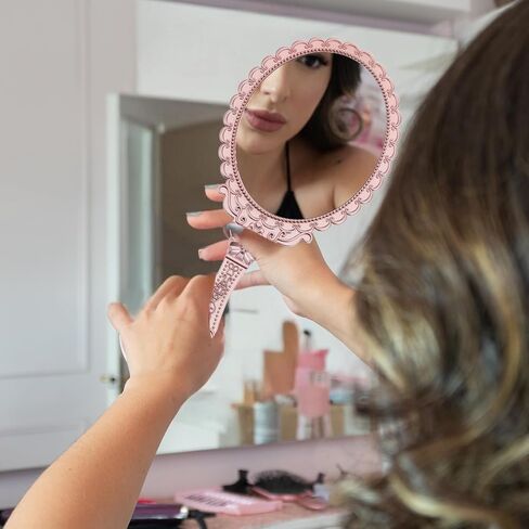 12 Pcs Vintage Handheld Mirror 9.6" L x 4.5" W Portable Pink Embossed Flower Mirrors Princess Mirror Party Favors Retro Hand Held Decorative Mirrors Bulk for Makeup, Travel, Party, Classroom in Saudi Arabia