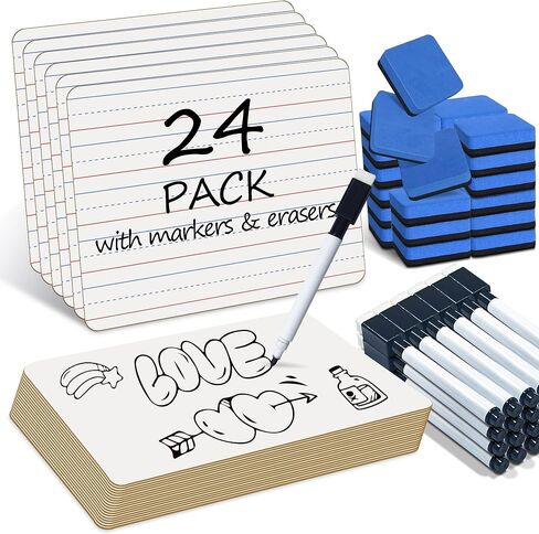 JUSTPAT 24 Pack Dry Erase Boards, 9"x12" Double Sided Easel Small Whiteboards with Lines for Kids, Students, Education Teacher Classroom, Mini Portable White Boards with 24 Markers, 24 Erasers in Saudi Arabia