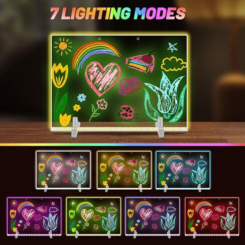 19 قلم تمييز، لوحة ملاحظات LED بألوان، 11.8 بوصة × 7.9 بوصة، 4 أوضاع و7 ألوان لوحة رسم LED للأطفال، لافتة مضيئة، لوحة مسح جافة من الأكريليك مع حامل، تتضمن محول، سلسلة تعليق، زجاجة رذاذ in Saudi Arabia
