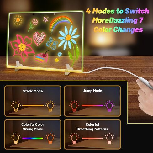 19 قلم تمييز، لوحة ملاحظات LED بألوان، 11.8 بوصة × 7.9 بوصة، 4 أوضاع و7 ألوان لوحة رسم LED للأطفال، لافتة مضيئة، لوحة مسح جافة من الأكريليك مع حامل، تتضمن محول، سلسلة تعليق، زجاجة رذاذ in Saudi Arabia