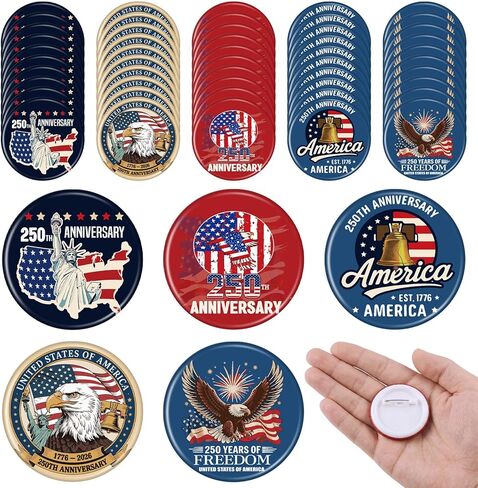 Kenning 50 Pcs Patriotic 250th Birthday Buttons Pins Bulk 1.5 Inch Round 250th Anniversary Celebrating USA Pin Back Button Badges Patriots' Day Independence Day Decorations for Women Men Backpack Bags in Saudi Arabia