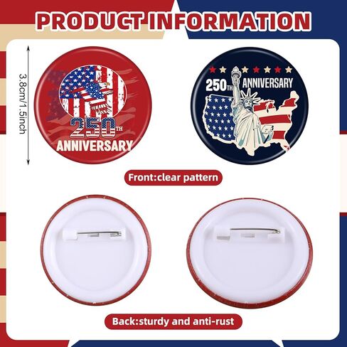 Kenning 50 Pcs Patriotic 250th Birthday Buttons Pins Bulk 1.5 Inch Round 250th Anniversary Celebrating USA Pin Back Button Badges Patriots' Day Independence Day Decorations for Women Men Backpack Bags in Saudi Arabia