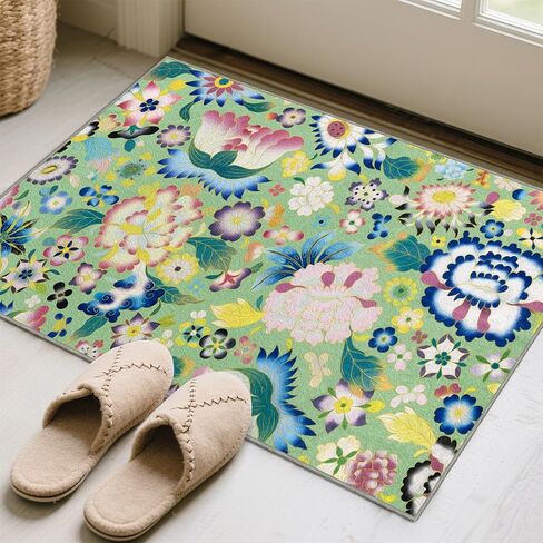 Washable Floral Area Rug,2x3ft Vintage Boho Rug Green,Ultra Light Rugs for Entrance,Non-Slip Low-Pile Indoor Mat Floor Carpet for Hallway Bedroom Kitchen Bathroom in Kuwait