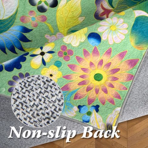 Washable Floral Area Rug,2x3ft Vintage Boho Rug Green,Ultra Light Rugs for Entrance,Non-Slip Low-Pile Indoor Mat Floor Carpet for Hallway Bedroom Kitchen Bathroom in Kuwait
