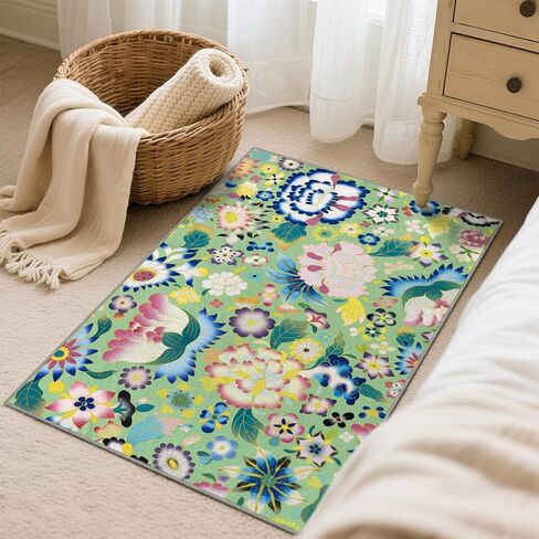 Washable Floral Area Rug,2x3ft Vintage Boho Rug Green,Ultra Light Rugs for Entrance,Non-Slip Low-Pile Indoor Mat Floor Carpet for Hallway Bedroom Kitchen Bathroom in Kuwait