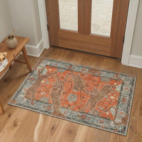 Bavni Leopard 2x3 Entryway Rug Animal Jungle Rug, Machine Washable Door Mat Non Slip, Low Pile Soft Stain Resistant Floral Cheetah Carpet for Hallway Bathroom Laundry Room Corridor, Burnt Orange Red in Saudi Arabia