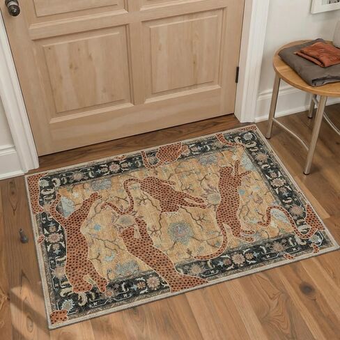 Bavni Leopard 2x3 Entryway Rug Animal Jungle Rug, Machine Washable Door Mat Non Slip, Low Pile Soft Stain Resistant Floral Cheetah Carpet for Hallway Bathroom Laundry Room Corridor, Burnt Orange Red in Saudi Arabia
