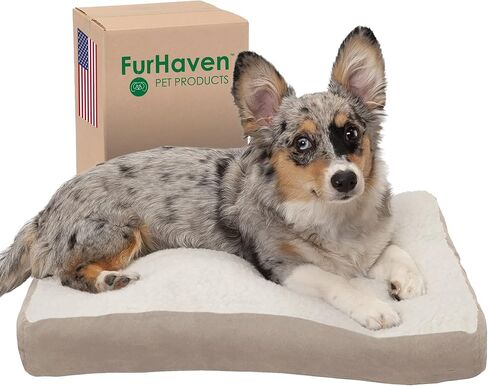 Furhaven Pillow Dog Bed for Large/Medium Dogs w/ Removable Washable Cover - Sherpa & Suede Mattress - Espresso, Large in Saudi Arabia