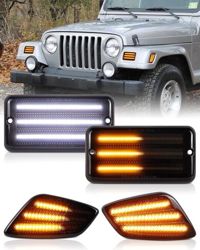 Switchback LED Fender Turn Signal Side Marker Lights for Jeep Wrangler TJ 1997-2006, 4PC Smoked Lens Sequential Amber White Parking DRL White 3 Row Full Chips in Kuwait