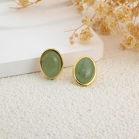 Whatforsh 14k Gold Plated Light Green Jade Oval Stone Stud Geometric Hypoallergenic Earrings for Women in Saudi Arabia