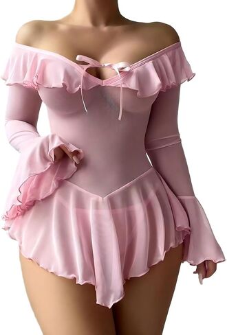 Sexy Lingerie Babydoll Rave Ruffle Dress Off Shoulder Long Sleeve Outfits For Women in Saudi Arabia