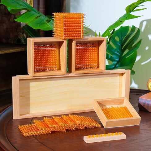 Premium Montessori Decimal System Set with Golden Beads& Trays - Working Set for Place Value & Operations, Math Materials for Kids 4-7+, Beechwood Box 16" (Introduction to Decimal Symbols with Trays) in Kuwait
