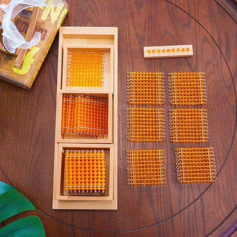 Premium Montessori Decimal System Set with Golden Beads& Trays - Working Set for Place Value & Operations, Math Materials for Kids 4-7+, Beechwood Box 16" (Introduction to Decimal Symbols with Trays) in Kuwait