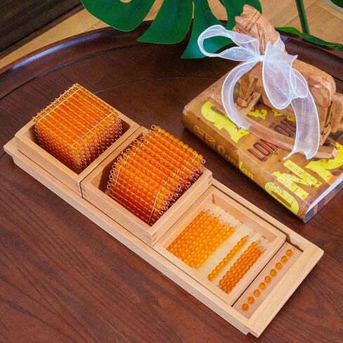Premium Montessori Decimal System Set with Golden Beads& Trays - Working Set for Place Value & Operations, Math Materials for Kids 4-7+, Beechwood Box 16" (Introduction to Decimal Symbols with Trays) in Kuwait