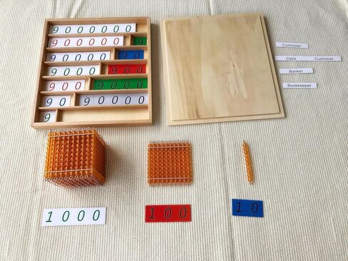 Premium Montessori Decimal System Set with Golden Beads& Trays - Working Set for Place Value & Operations, Math Materials for Kids 4-7+, Beechwood Box 16" (Introduction to Decimal Symbols with Trays) in Kuwait