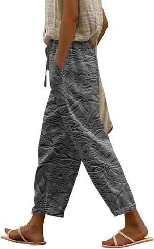 Pants for Women Casual Linen Summer Pants High Waisted Summer Capris Pant Straight Leg Loose Fit Trousers with Pockes in Saudi Arabia