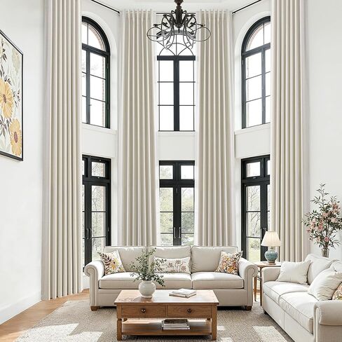 Nanspring 144 بوصة ستائر كتان معتمة طبيعية طويلة جدًا بنسبة 100% لغرفة السقف العالي ستارة داكنة حرارية معزولة بمزرعة خلفية بوهو ستائر لغرفة النوم، لوحة واحدة، 52 × 144 كريم عاجي in Kuwait