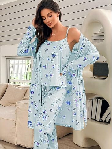 Women’s 3 Piece Pajama Set Long Sleeve Robe Cami Top And Pants Soft Homewear For Sleep Lounging Daily Indoor Relaxation in Saudi Arabia